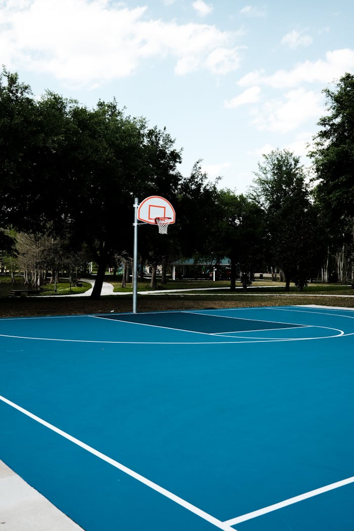 Vibrant blue basketball court surrounded by trees in a serene park.